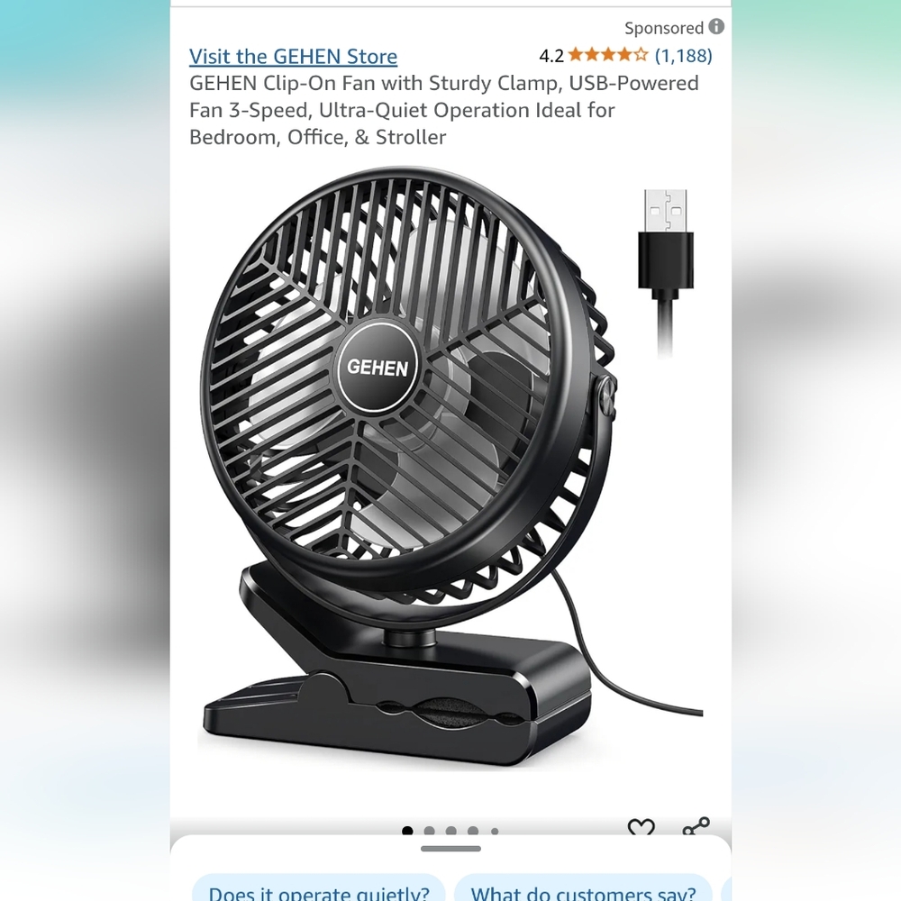 GEHEN Black Clip-On Fan